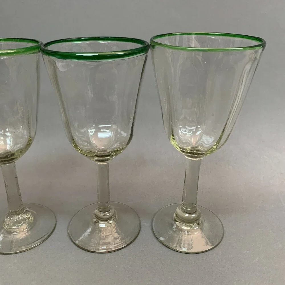 Clear Glass Green Trim Blown‎ Glasses Mexico? Lot of 4